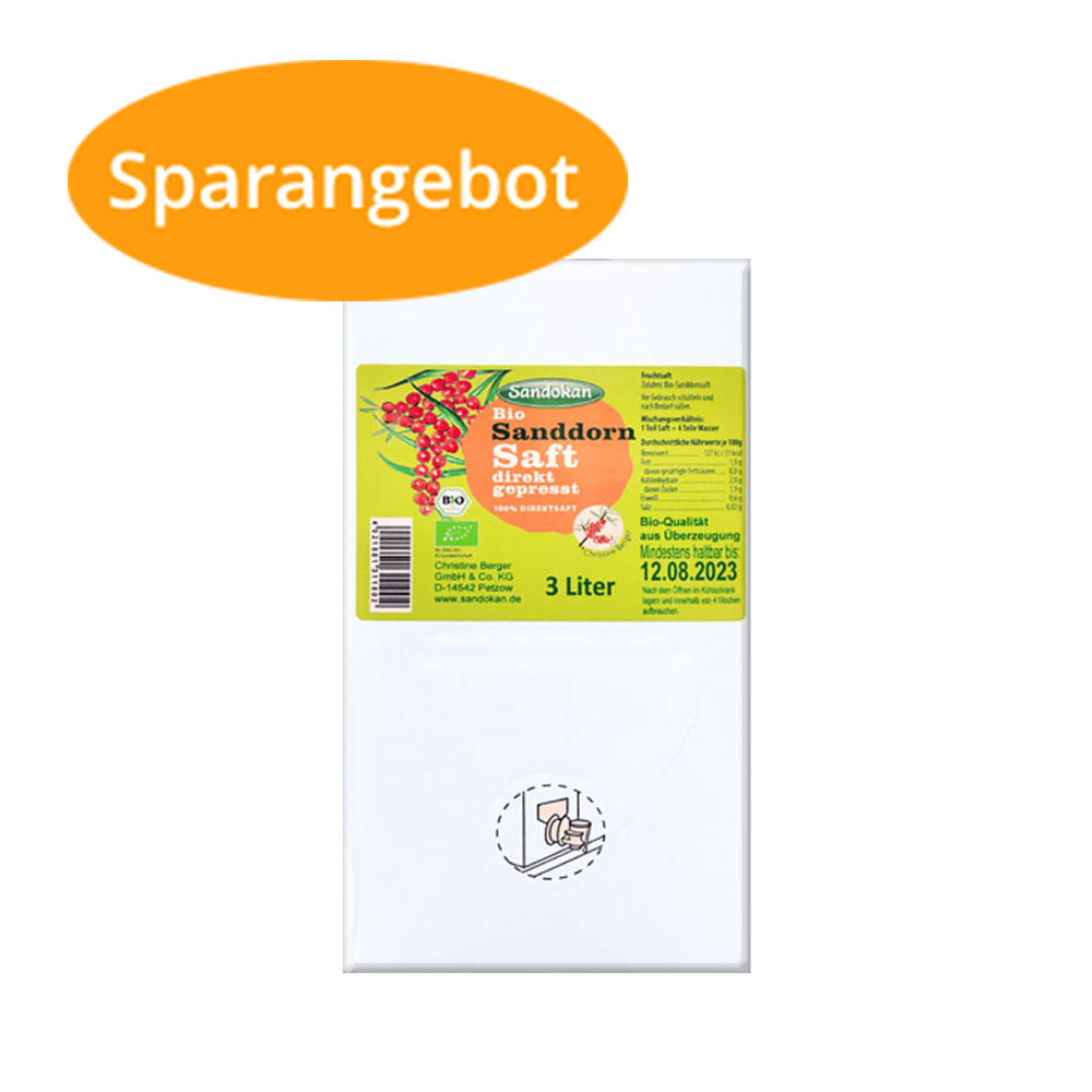 Sparangebot: 3 kg BIO-Sanddorn-Saft direkt gepresst 100 % pur
