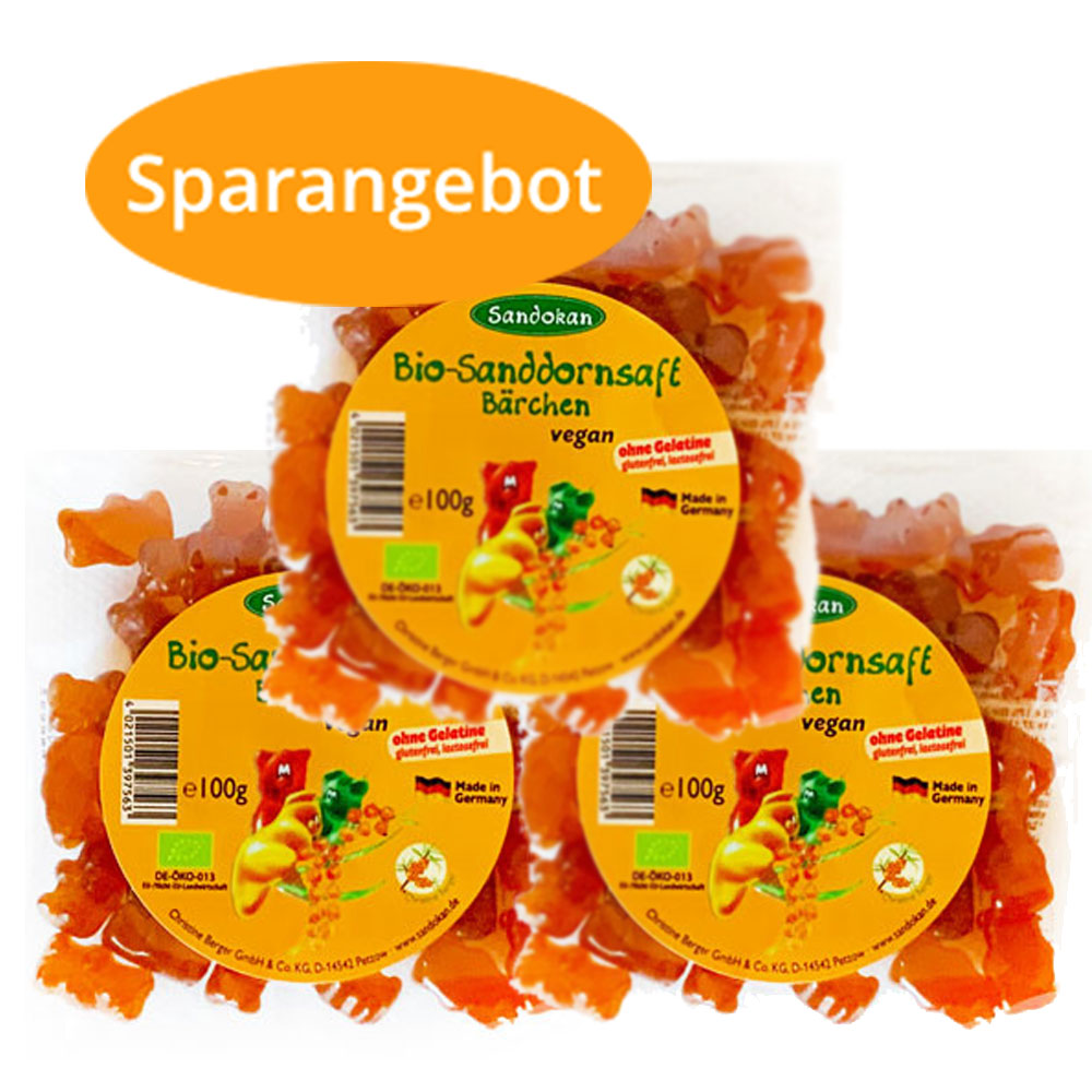 3er-Angebot: Vegane BIO-Sanddornsaft Bärchen (Fruchtgummis) - gelatinefrei 100g